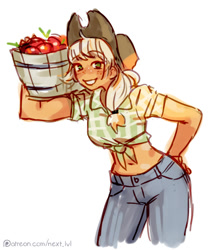Size: 691x800 | Tagged: safe, artist:next-lvl, applejack, human, g4, apple, barrel, belly button, clothes, denim, female, food, front knot midriff, humanized, jeans, midriff, pants, simple background, solo, white background