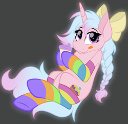 Size: 3859x3730 | Tagged: safe, artist:feather_bloom, oc, oc only, oc:cupcake swirl, pony, unicorn, art trade, belly, bow, braid, clothes, cupcake, food, gray background, hair bow, high res, simple background, socks, solo, striped socks, tongue out