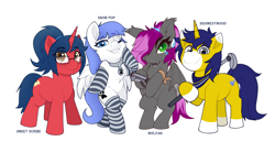 Size: 3792x2093 | Tagged: safe, artist:rivin177, oc, oc:bitwise operator, oc:seigwestwood, oc:snow pup, oc:sweet scribe, bat pony, pegasus, pony, unicorn, bipedal, choker, clothes, glasses, golf, gun, high res, horns, jewelry, necklace, patreon, reward, simple background, socks, sports, standing, striped socks, weapon, white background, wings