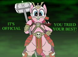 Size: 2048x1492 | Tagged: safe, artist:legendoflink, pinkie pie, earth pony, pony, g4, bipedal, clothes, cosplay, costume, female, grin, hammer, hoof hold, loincloth, looking at you, low angle, mare, mortal kombat, pinktober, shao kahn, smiling, smiling at you, solo, talking to viewer, text, war hammer, weapon