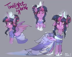 Size: 2048x1623 | Tagged: safe, artist:petaltwinkle, twilight sparkle, alicorn, pony, g4, 2023, alternate hairstyle, blushing, clothes, coronation dress, crown, cute, doodle, dress, ear piercing, earring, female, floppy ears, gray background, grin, hair bun, jewelry, mare, name, piercing, regalia, second coronation dress, signature, simple background, smiling, solo, spread wings, twiabetes, twilight sparkle (alicorn), wings