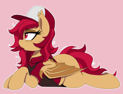 Size: 2600x2000 | Tagged: safe, artist:thebatfang, oc, oc only, oc:swing shift, bat pony, pony, baseball cap, bat pony oc, bat wings, cap, eyes open, female, female oc, hat, high res, lying down, mare, mare oc, messy mane, pony oc, prone, red eyes, sheetz, simple background, solo, the ass was fat, tired, wings