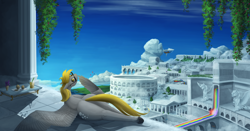 Size: 4200x2200 | Tagged: safe, artist:stray prey, derpy hooves, pegasus, pony, g4, airship, background pony, bubble butt, butt, cloud, cloudiseum, cloudsdale, derp, detailed background, frog (hoof), large butt, lighting, liquid rainbow, looking at you, looking back, looking back at you, lying down, ocean, outdoors, plot, prone, scenery, scenery porn, shading, shadow, sky, solo, solo focus, spread wings, sunglasses, sunlight, thighs, thunder thighs, underhoof, water, wing gesture, wings
