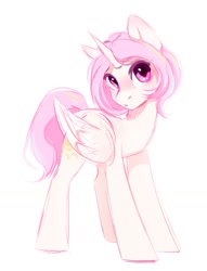 Size: 788x1034 | Tagged: safe, artist:melodylibris, princess celestia, alicorn, pony, g4, alternate hairstyle, blushing, ear blush, female, folded wings, horn, looking at you, mare, pink-mane celestia, short mane, simple background, solo, white background, wings, young celestia