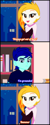 Size: 736x1839 | Tagged: safe, artist:robertsonskywa1, flare (g5), oc, oc:starshadow skystalker, human, equestria girls, g4, g5, bookshelf, clothes, cosplay, costume, equestria girls-ified, female, flareshadow, g5 to equestria girls, g5 to g4, generation leap, male, marvel, night, photo, room, scenery, shipping, shipping fuel, shirt, spider-gwen, spider-man, spider-man: across the spider-verse, t-shirt, window