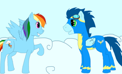 Size: 750x457 | Tagged: safe, artist:xxbluerazxx, rainbow dash, soarin', pegasus, pony, g4, clothes, female, male, mare, ship:soarindash, shipping, stallion, straight, uniform, wonderbolts uniform