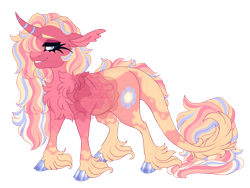 Size: 3600x2700 | Tagged: safe, artist:gigason, oc, oc only, oc:sunshine lila, pony, unicorn, chest fluff, cloven hooves, coat markings, colored hooves, curved horn, ear tufts, ears back, eyeshadow, female, grin, high res, horn, leonine tail, lidded eyes, makeup, mare, obtrusive watermark, simple background, smiling, socks (coat markings), solo, standing, striped horn, tail, transparent background, unshorn fetlocks, watermark