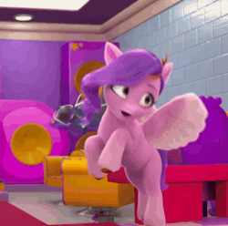 Size: 966x960 | Tagged: safe, screencap, pipp petals, pegasus, pony, g5, mane smelody, my little pony: make your mark, my little pony: make your mark chapter 5, spoiler:g5, spoiler:my little pony: make your mark, spoiler:my little pony: make your mark chapter 5, spoiler:mymc05e05, adorapipp, animated, chair, cute, female, flying, gif, happy, mane melody (location), mare, speaker, spinning