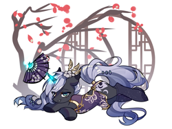 Size: 2631x1980 | Tagged: safe, artist:alus, oc, oc only, oc:penumbra shard, pony, unicorn, abstract background, chinese dress, clothes, dress, fan, female, horn, lying down, magic, simple background, solo, unicorn oc, white background