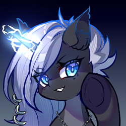 Size: 1457x1457 | Tagged: safe, artist:alus, oc, oc only, oc:penumbra shard, pony, unicorn, bust, female, horn, looking at you, magic, portrait, smiling, smiling at you, solo, unicorn oc