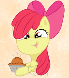 Size: 1188x1348 | Tagged: safe, artist:flutterbug18, apple bloom, earth pony, pony, g4, baking, female, filly, foal, food, open mouth, pie, ponytober, ponytober 2023, solo