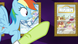 Size: 1280x720 | Tagged: safe, screencap, granny smith, rainbow dash, earth pony, pony, g4, grannies gone wild, granny smith choosing poster, poster, wild blue yonder