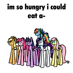 Size: 1920x1920 | Tagged: safe, artist:itzf1ker1, applejack, fluttershy, pinkie pie, rainbow dash, rarity, twilight sparkle, alicorn, earth pony, pegasus, pony, unicorn, g4, bad choice of words, horse puns, mane six, simple background, twilight sparkle (alicorn), white background