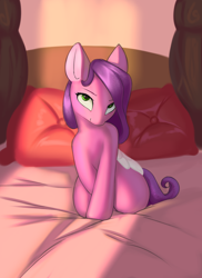 Size: 1600x2200 | Tagged: safe, artist:foxyara, pipp petals, pegasus, pony, g5, adorapipp, bed, cute, female, imminent snuggles, kneeling, looking at you, looking up, looking up at you, on bed, pillow, solo