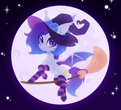 Size: 3320x3000 | Tagged: safe, artist:belka-sempai, oc, oc only, bat pony, pony, bat pony oc, broom, clothes, commission, flying, flying broomstick, full moon, hat, high res, moon, socks, solo, stars, striped socks, witch hat, ych result