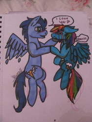 Size: 750x1000 | Tagged: safe, artist:dragonqueenslair, rainbow dash, soarin', pegasus, pony, g4, female, male, mare, ship:soarindash, shipping, stallion, straight, traditional art