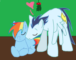 Size: 750x590 | Tagged: safe, artist:rainbowdash3, rainbow dash, soarin', pegasus, pony, g4, cheek kiss, female, green background, holly, holly mistaken for mistletoe, kissing, male, mare, ship:soarindash, shipping, simple background, stallion, straight