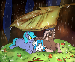 Size: 1280x1061 | Tagged: safe, artist:deadsmoke, oc, oc only, oc:cristopher, oc:kate sanders, oc:snowflake white, earth pony, pony, unicorn, autumn, detailed background, forest, heavy rain, leaves, rain, smiling, somber