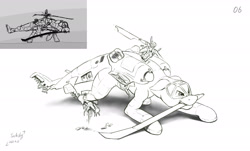 Size: 3000x1808 | Tagged: safe, artist:tucksky, helipony, original species, plane pony, blade, damaged, helicopter, ka-50, missing limb, mouth hold, plane, simple background, solo