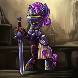Size: 2000x2000 | Tagged: safe, artist:uteuk, oc, oc only, oc:quickdraw, earth pony, pony, armor, bipedal, female, helmet, high res, knight, mare, solo, sword, weapon