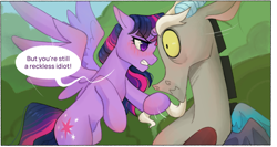 Size: 2955x1567 | Tagged: safe, artist:daffolyn, part of a set, discord, twilight sparkle, alicorn, draconequus, pony, comic:discordant intentions, comic:discordant intentions (version 1), comic:discordant intentions (version 2), g4, the ending of the end, beard, blushing, commission, commissioner:zcord, facial hair, female, hair pulling, male, outdoors, scared, ship:discolight, shipping, shocked, shocked expression, straight, tsundere, tsunlight sparkle, twilight sparkle (alicorn)