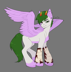 Size: 2395x2400 | Tagged: safe, artist:enderbee, oc, pegasus, pony, black sclera, blood, colored, ear piercing, flat colors, full body, gray background, heterochromia, high res, horns, male, piercing, simple background, sketch, solo, spread wings, stallion, wings