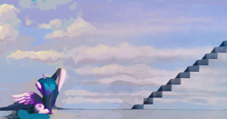 Size: 3457x1816 | Tagged: safe, artist:yidwags, twilight sparkle, alicorn, pony, g4, movie reference, outstretched hoof, painting, solo, stairs, the truman show, twilight sparkle (alicorn)