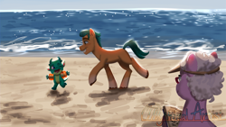 Size: 2560x1440 | Tagged: safe, artist:mythical artist, grandma figgy, hitch trailblazer, sparky sparkeroni, dragon, earth pony, pony, g5, baby, baby dragon, beach, book, chase, father and child, father and son, female, grin, male, mare, ocean, one eye closed, open mouth, open smile, papa hitch, playing, running, sand, signature, smiling, stallion, tail, trio, unshorn fetlocks, visor cap, watching, water, water wings