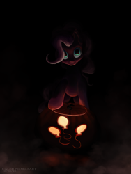 Size: 3000x4000 | Tagged: safe, artist:calebpedigo, pinkie pie, earth pony, pony, g4, black background, dramatic lighting, female, halloween, holiday, jack-o-lantern, looking at you, mare, pumpkin, simple background, smiling, smiling at you, solo