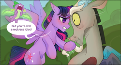 Size: 2888x1543 | Tagged: safe, alternate version, artist:daffolyn, editor:zcord, part of a set, discord, twilight sparkle, alicorn, draconequus, pony, comic:discordant intentions, comic:discordant intentions (version 1), comic:discordant intentions (version 2), g4, the ending of the end, beard, blushing, commission, commissioner:zcord, facial hair, female, hair pulling, male, outdoors, scared, ship:discolight, shipping, shocked, shocked expression, straight, tsundere, tsunlight sparkle, twilight sparkle (alicorn)