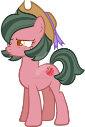 Size: 1024x1524 | Tagged: safe, artist:stellarcastiel, oc, oc only, oc:apple jasper, earth pony, pony, base used, colored pupils, deviantart watermark, female, freckles, hat, mare, obtrusive watermark, offspring, parent:big macintosh, parent:marble pie, parents:marblemac, simple background, solo, transparent background, watermark