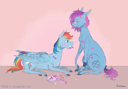 Size: 2935x2043 | Tagged: oc name needed, safe, artist:lullabae, rainbow dash, oc, earth pony, pegasus, pony, g4, bandaid, bandaid on nose, duo, eyes closed, female, high res, hoers, lying down, mare, mouth hold, prone, sitting, smiling