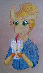 Size: 1220x2052 | Tagged: safe, artist:lullabae, oc, oc only, earth pony, pony, clothes, cup, drink, drinking, drinking straw, female, glass, hoof hold, ice, juice, lemonade, mare, shirt, smiling, solo, traditional art