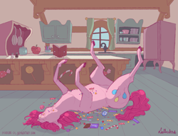 Size: 2797x2144 | Tagged: safe, artist:lullabae, pinkie pie, earth pony, pony, g4, :p, belly, book, candy, candy cane, candy corn, chest fluff, chocolate, chocolate bar, cute, female, fluffy, food, high res, hoers, horses doing horse things, kitchen, legs in air, lollipop, lying down, mare, mlem, on back, on floor, realistic, rolling, silly, silly pony, sink, smiling, solo, thin legs, tongue out, unshorn fetlocks, window