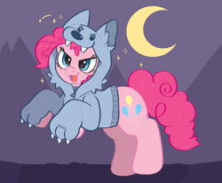 Size: 2732x2252 | Tagged: safe, artist:spookyfoxinc, pinkie pie, earth pony, pony, g4, animal costume, clothes, costume, crescent moon, cute, diapinkes, female, halloween, halloween costume, high res, holiday, hoodie, looking at you, mare, moon, night, open mouth, open smile, roar, smiling, solo, wolf costume