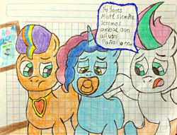 Size: 2882x2205 | Tagged: safe, artist:bitter sweetness, misty brightdawn, sunny starscout, zipp storm, earth pony, pegasus, pony, unicorn, g5, abdl, adult foal, blue eyes, diaper, diaper fetish, fetish, graph paper, green eyes, high res, horn, non-baby in diaper, open mouth, pacifier, spanish, spanish text, traditional art, translated in the description