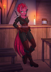 Size: 2598x3638 | Tagged: safe, artist:rensakai, tempest shadow, unicorn, anthro, g4, boots, clothes, female, high res, shoes, solo, sword, tavern, weapon, witcher