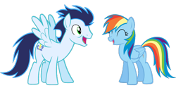 Size: 1436x720 | Tagged: safe, anonymous artist, artist:rainbowcrab, artist:vectorizedunicorn, edit, rainbow dash, soarin', pegasus, pony, g4, ^^, duo, eyes closed, female, male, mare, ship:soarindash, shipping, simple background, stallion, straight, transparent background