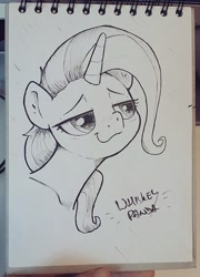 Size: 736x1024 | Tagged: safe, artist:whiskeypanda, trixie, pony, unicorn, g4, aside glance, bust, horn, ink drawing, looking at you, smiling, smug, traditional art