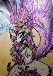 Size: 1078x1552 | Tagged: safe, artist:hysteriana, princess cadance, alicorn, pony, semi-anthro, g4, arm hooves, baroque, beautiful, bipedal, bust, choker, clothes, crown, curly hair, curly mane, decoration, detailed, dress, feather, feathered wings, jewelry, magic, magic aura, makeup, old art, ornament, pattern, princess, regalia, rococo, royalty, spread wings, tattoo, traditional art, wings
