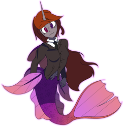 Size: 2631x2713 | Tagged: safe, alternate version, artist:bryony6210, oc, oc only, oc:funny jo, human, mermaid, equestria girls, g4, business suit, clothes, female, fins, fish tail, heterochromia, high res, horn, mermaid tail, mermaidized, multicolored tail, necktie, scar, shading, side fins, simple background, slit pupils, smiling, solo, species swap, tail, transparent background