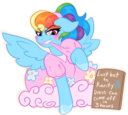 Size: 1280x1152 | Tagged: safe, artist:darkwatertopaz, rainbow dash, pegasus, pony, g4, alternate hairstyle, blushing, clothes, dress, female, floral print, frilly dress, lipstick, lost bet, mare, mouth hold, rainbow dash always dresses in style, rainbow dash is not amused, sign, simple background, solo, tomboy taming, transparent background, unamused