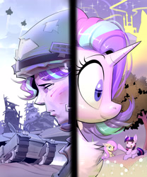 Size: 2953x3543 | Tagged: safe, artist:castle bravo, fluttershy, starlight glimmer, twilight sparkle, alicorn, human, pony, unicorn, equestria girls, g4, comparison, dystopia, happy, high res, ptsd glimmer, sad, tank (vehicle), twilight sparkle (alicorn), utopia, war