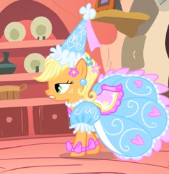 Size: 1117x1152 | Tagged: safe, screencap, applejack, earth pony, pony, g4, look before you sleep, season 1, annoyed, applejack also dresses in style, clothes, cropped, dress, female, froufrou glittery lacy outfit, golden oaks library, gown, hat, hennin, mare, puffy sleeves, solo