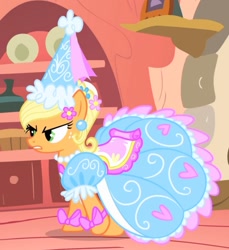 Size: 1016x1108 | Tagged: safe, screencap, applejack, earth pony, pony, g4, look before you sleep, season 1, angry, annoyed, applejack also dresses in style, clothes, cropped, dress, female, froufrou glittery lacy outfit, golden oaks library, gown, mare, puffy sleeves, solo