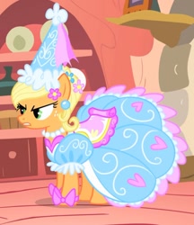 Size: 982x1135 | Tagged: safe, screencap, applejack, earth pony, pony, g4, look before you sleep, season 1, angry, annoyed, applejack also dresses in style, clothes, cropped, dress, female, froufrou glittery lacy outfit, golden oaks library, gown, mare, puffy sleeves, solo