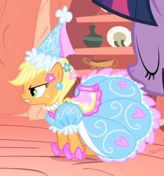 Size: 834x896 | Tagged: safe, screencap, applejack, twilight sparkle, earth pony, pony, unicorn, g4, look before you sleep, season 1, angry, annoyed, applejack also dresses in style, clothes, cropped, dress, eyes closed, female, froufrou glittery lacy outfit, golden oaks library, gown, hat, hennin, mare, solo focus, unicorn twilight