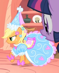 Size: 795x987 | Tagged: safe, screencap, applejack, twilight sparkle, earth pony, pony, unicorn, g4, look before you sleep, season 1, angry, annoyed, applejack also dresses in style, clothes, cropped, dress, froufrou glittery lacy outfit, golden oaks library, gown, puffy sleeves, solo focus, surprised, unicorn twilight