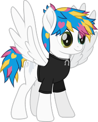 Size: 886x1094 | Tagged: safe, artist:lightningbolt, derpibooru exclusive, pegasus, pony, g4, .svg available, awsten knight, clothes, colored pupils, dyed mane, dyed tail, heterochromia, horseshoes, jewelry, male, movie accurate, necklace, ponified, shirt, simple background, smiling, solo, spread wings, stallion, standing, svg, t-shirt, tail, transparent background, vector, waterparks, wings
