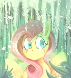 Size: 2747x3000 | Tagged: safe, artist:urbanqhoul, fluttershy, pegasus, pony, g4, beautiful, chest fluff, crying, cute, female, folded wings, forest, green eyes, high res, looking at something, messy mane, painting, sad, shyabetes, solo, wings